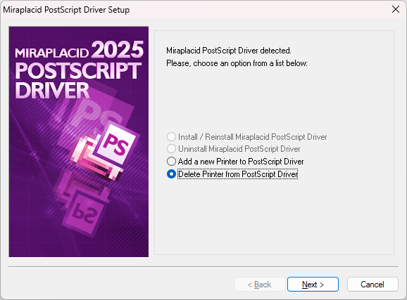 Miraplacid PostScript Driver : DeletePrinter Step 1/2